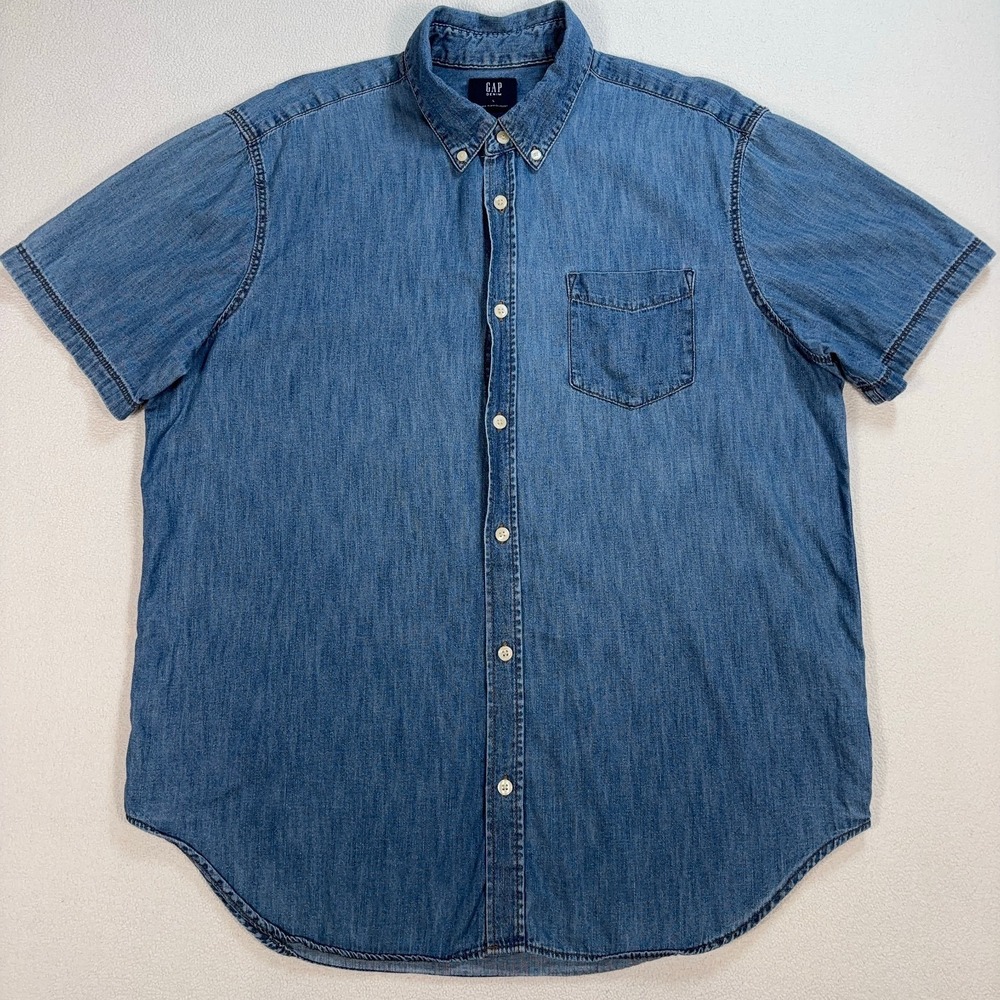 Gap Denim Shirt Men's L Indigo Blue 100% Cotton Pocket Button Down‎